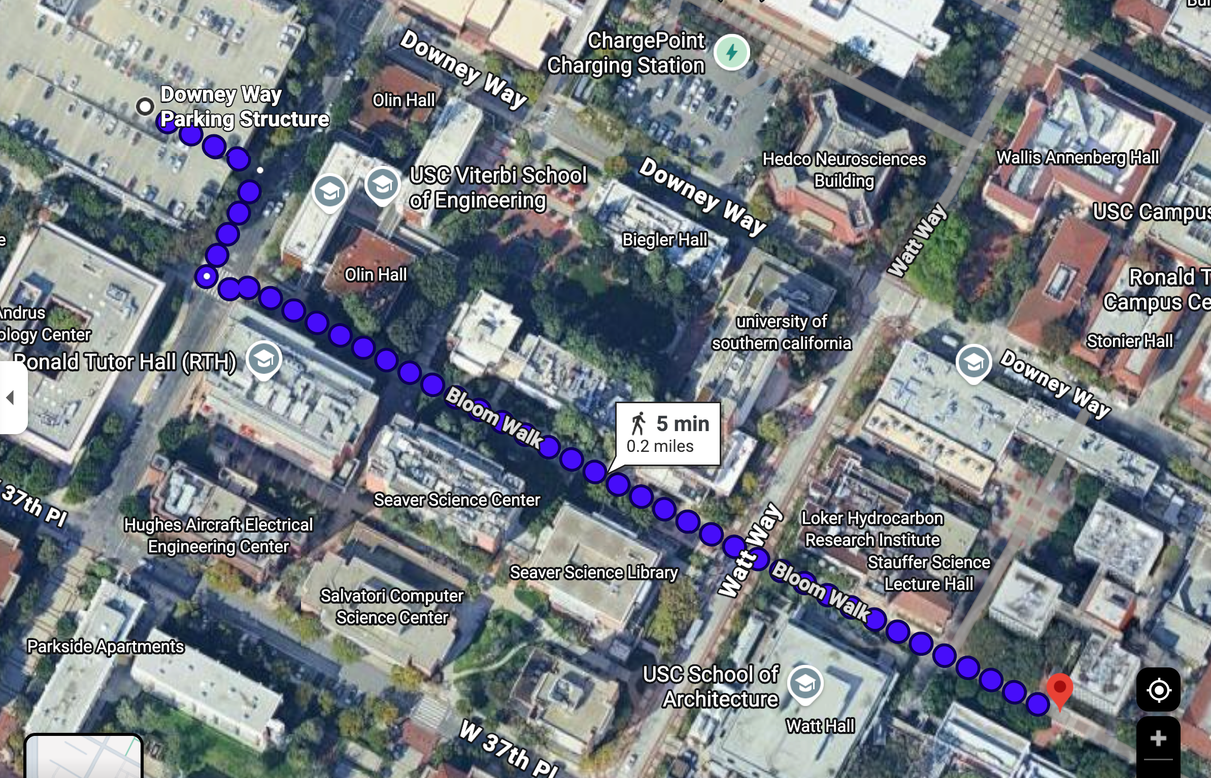 Map showing Downey Way Parking Structure walking route