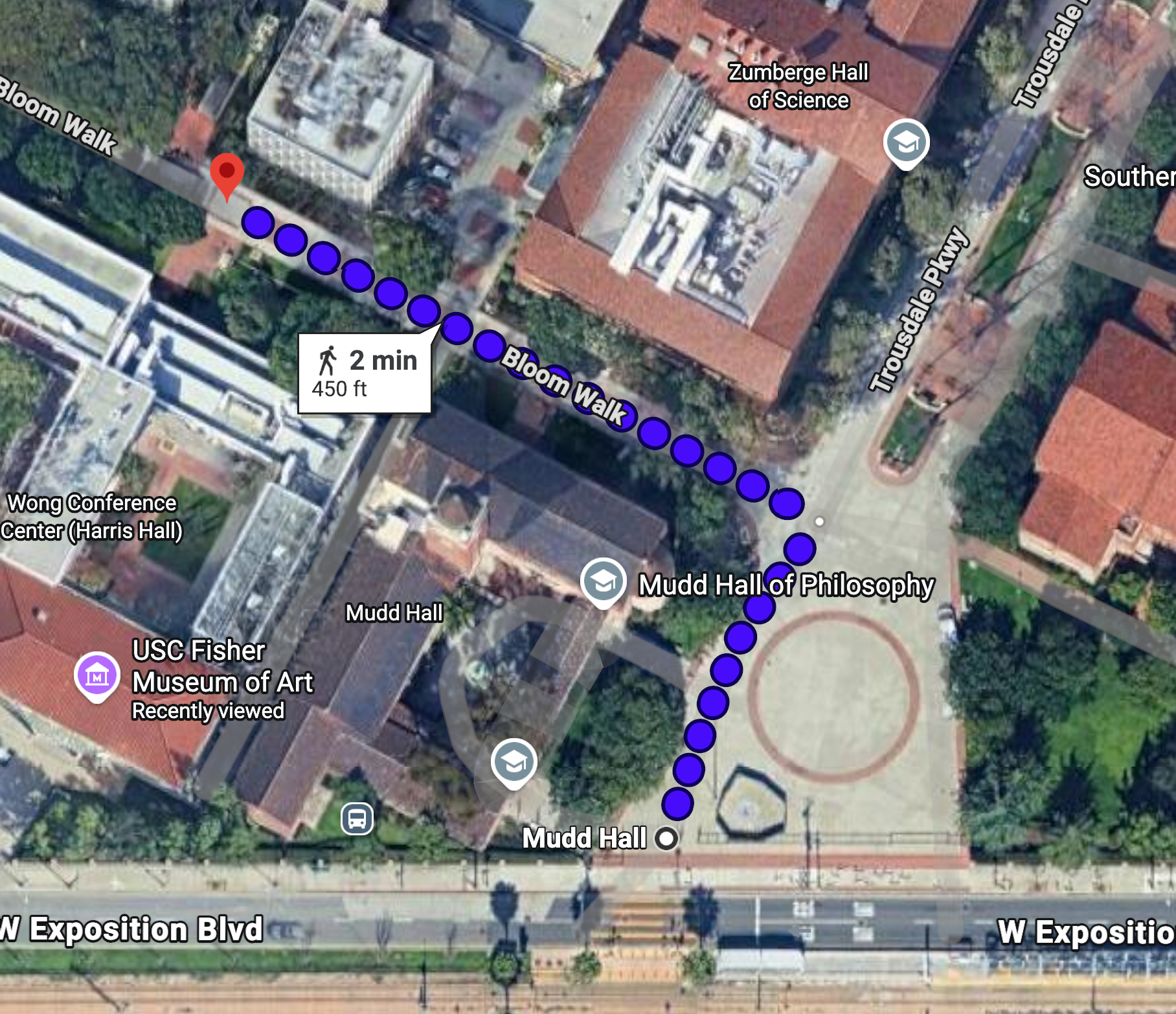 Satellite map showing walking route along Bloom Walk to Harris Hall